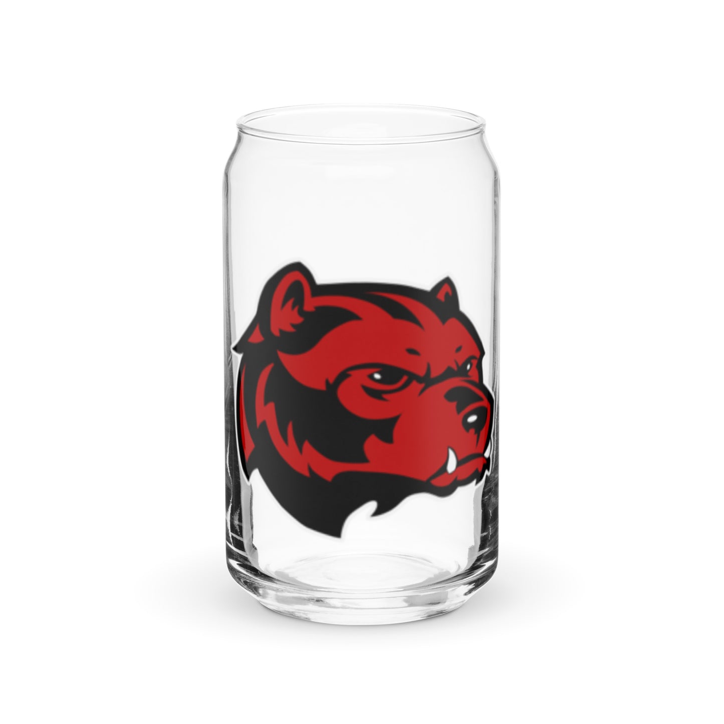 JRA can-shaped glass featuring a bold red and black bear logo, perfect for sodas, cocktails, and more.
