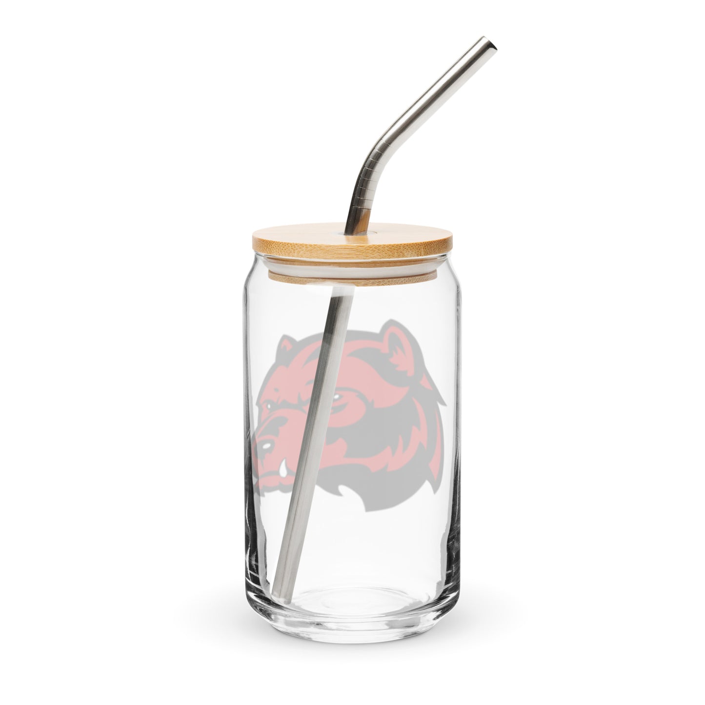 JRA can-shaped glass with metal straw and bamboo lid, featuring a bear logo, ideal for drinks and beverages.