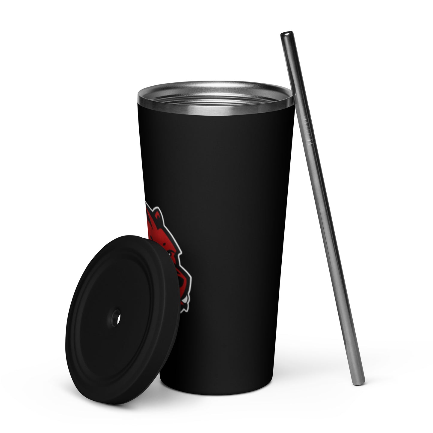 JRA insulated tumbler with black design, stainless steel, straw included, perfect for stylish drinks.