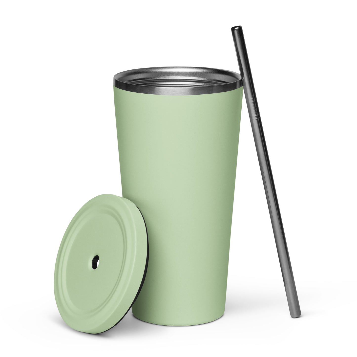 JRA Insulated tumbler in pastel green with lid and straw, perfect for stylish hydration on the go.