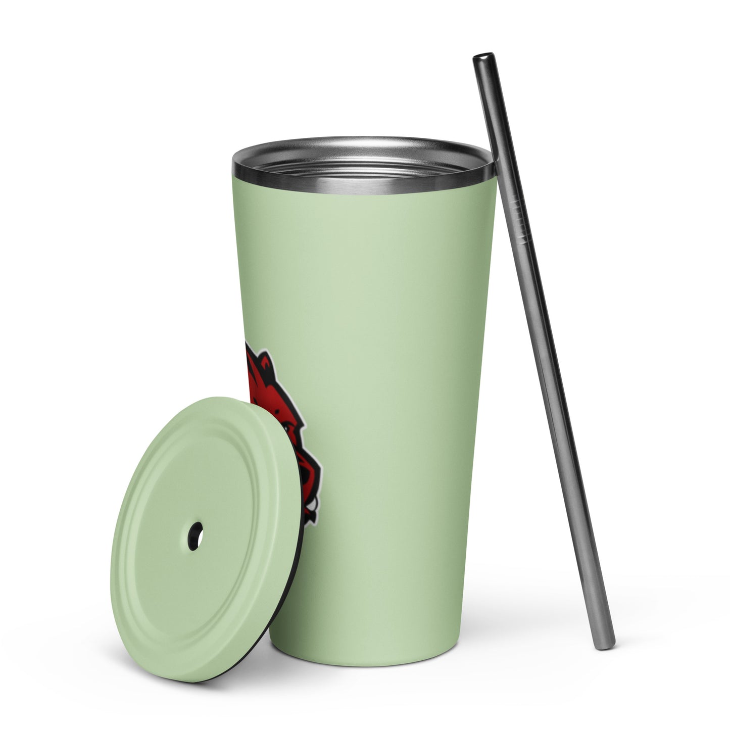 JRA insulated tumbler with a straw in mint green featuring Juan Rico Academy Wolverine logo.