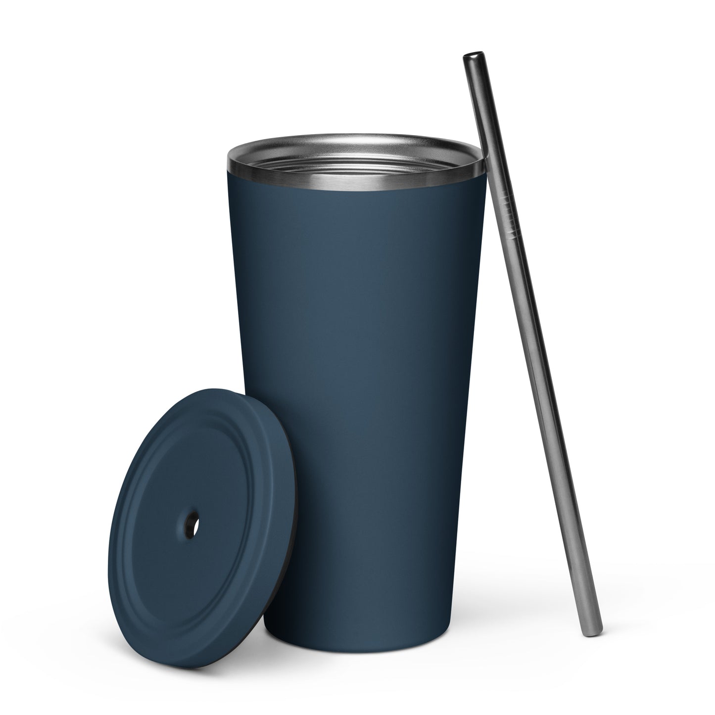 JRA insulated tumbler with lid and straw in navy blue, 20 oz stainless steel drinkware.