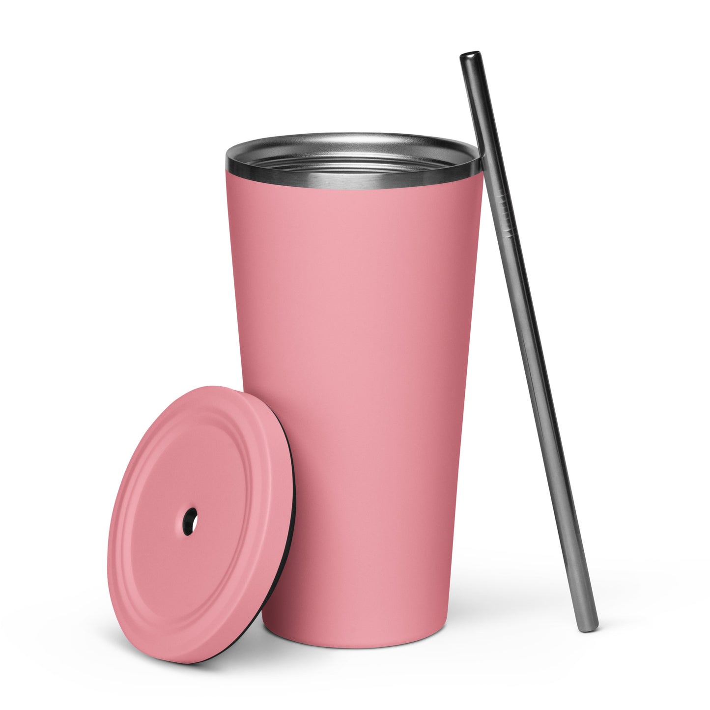 Pink insulated tumbler with lid and straw, stylish drinkware for every occasion.