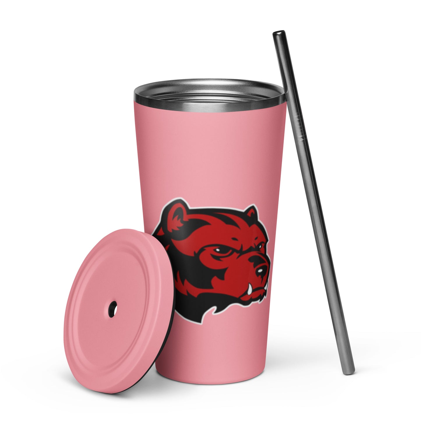 JRA insulated tumbler in pink with straw and lid, featuring a Wolverine logo for stylish drinkware.
