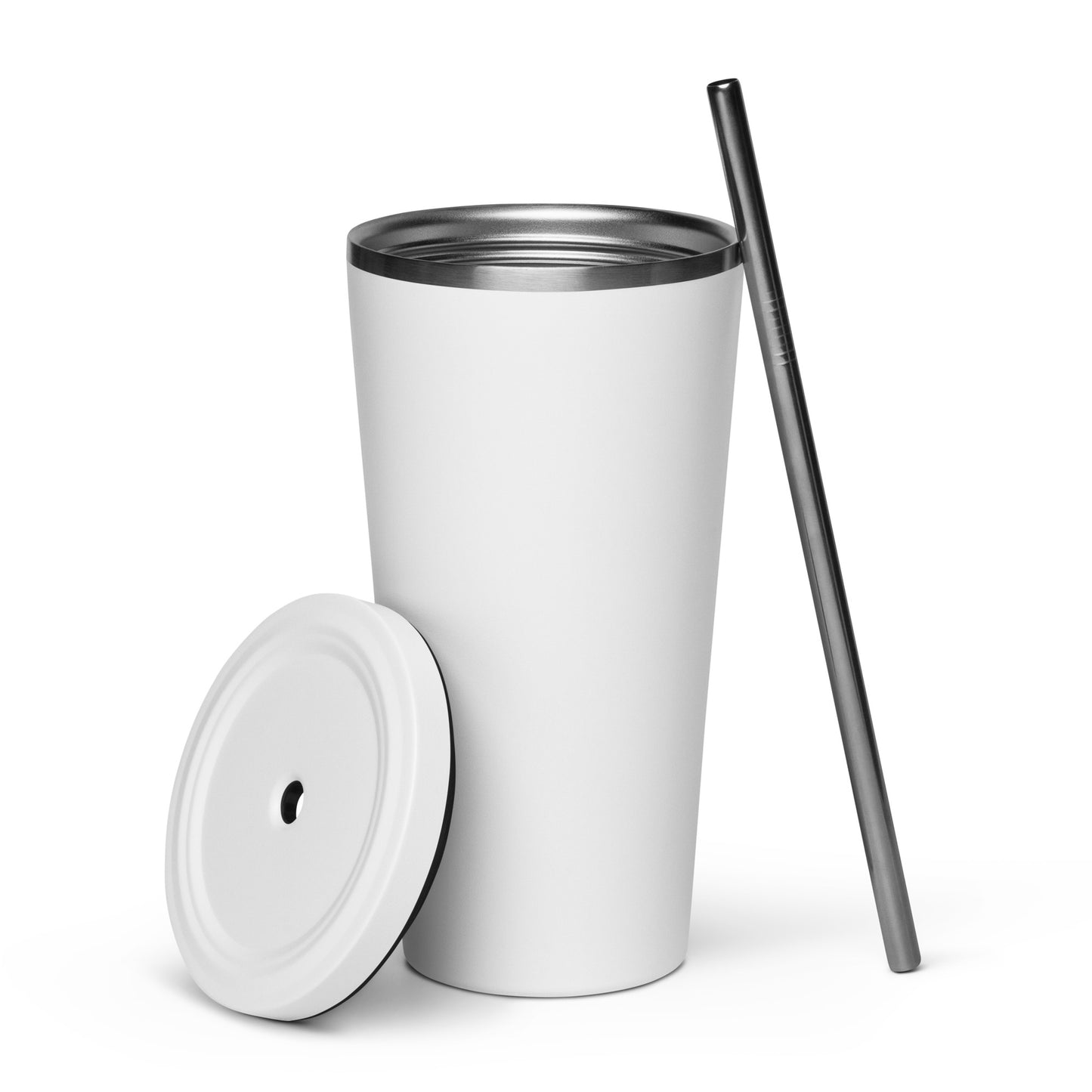 White insulated tumbler with lid and straw, perfect for stylish and functional drinkware.