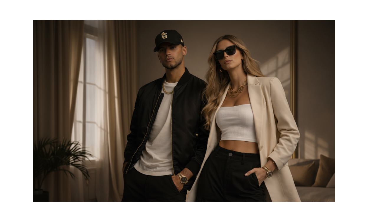 Two stylish individuals posing in a living room setting.