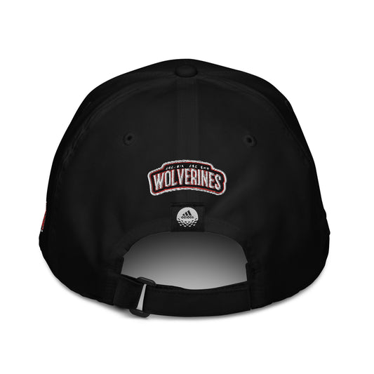 Back view of JRA 'W' adidas dad hat featuring Wolverines emblem and adjustable snapback closure.