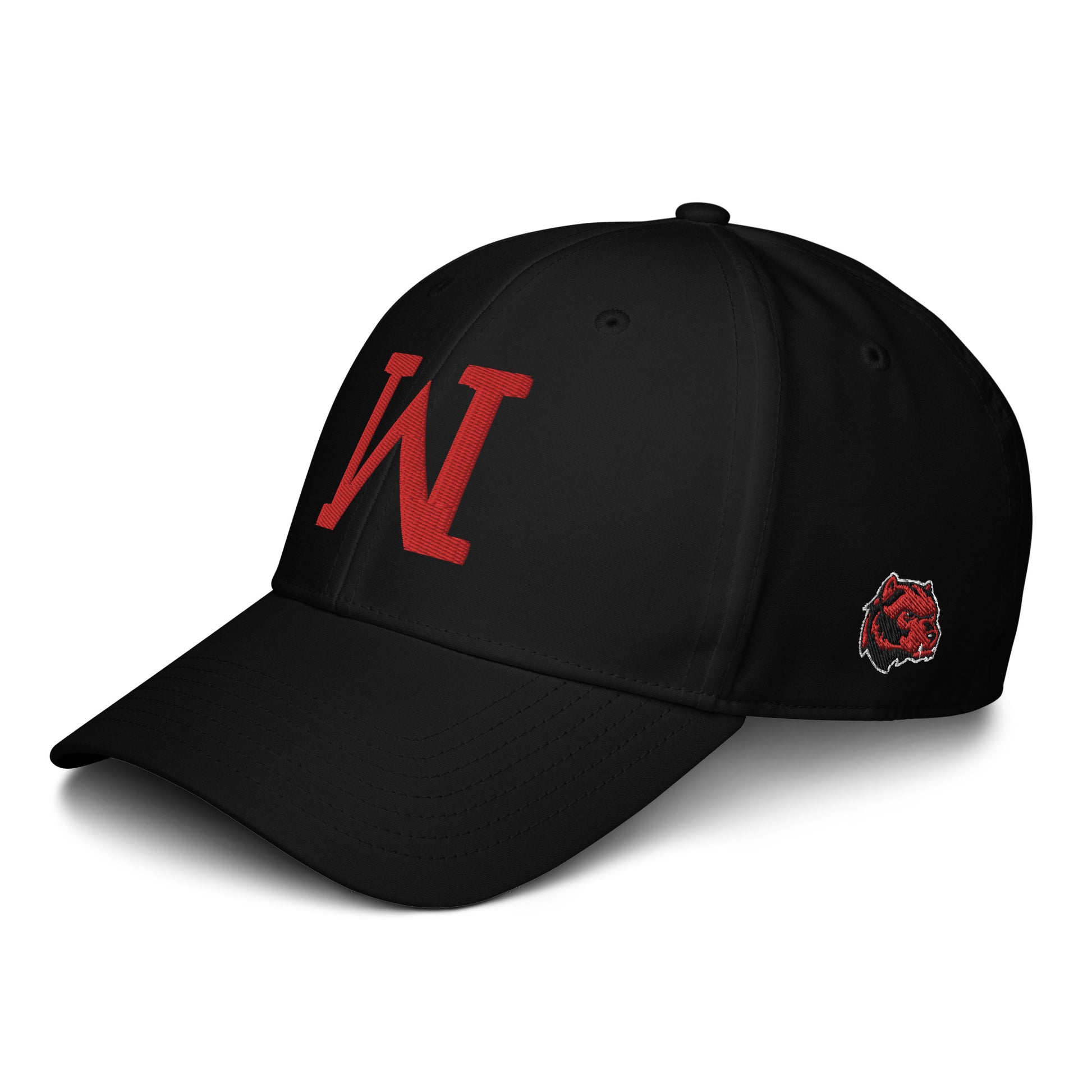 Black adidas dad hat with red 'W' logo and bear emblem, adjustable snapback closure, stylish and comfortable.
