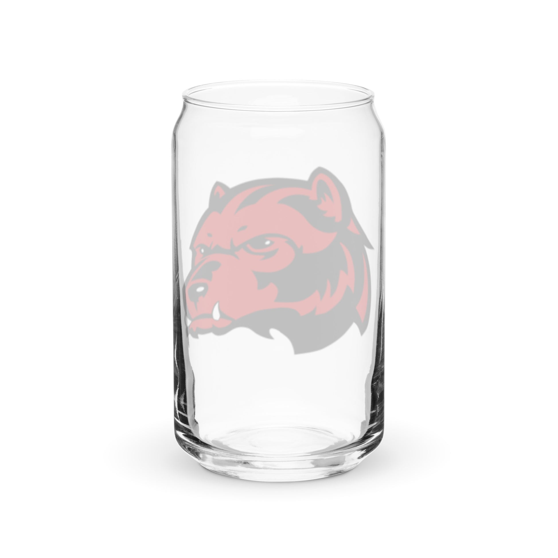 Clear can-shaped glass with Wolverine logo, ideal for sodas and cocktails, 16 oz capacity.