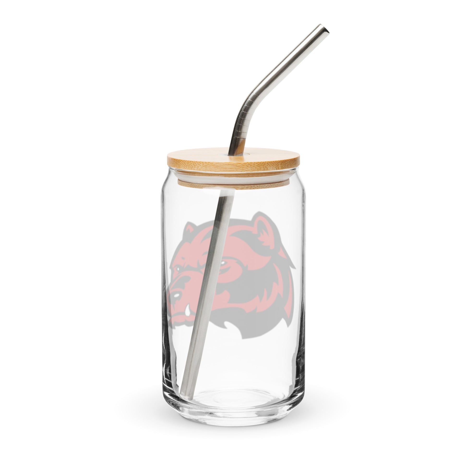 JRA can-shaped glass with metal straw and bamboo lid, featuring a bear logo, ideal for drinks and beverages.