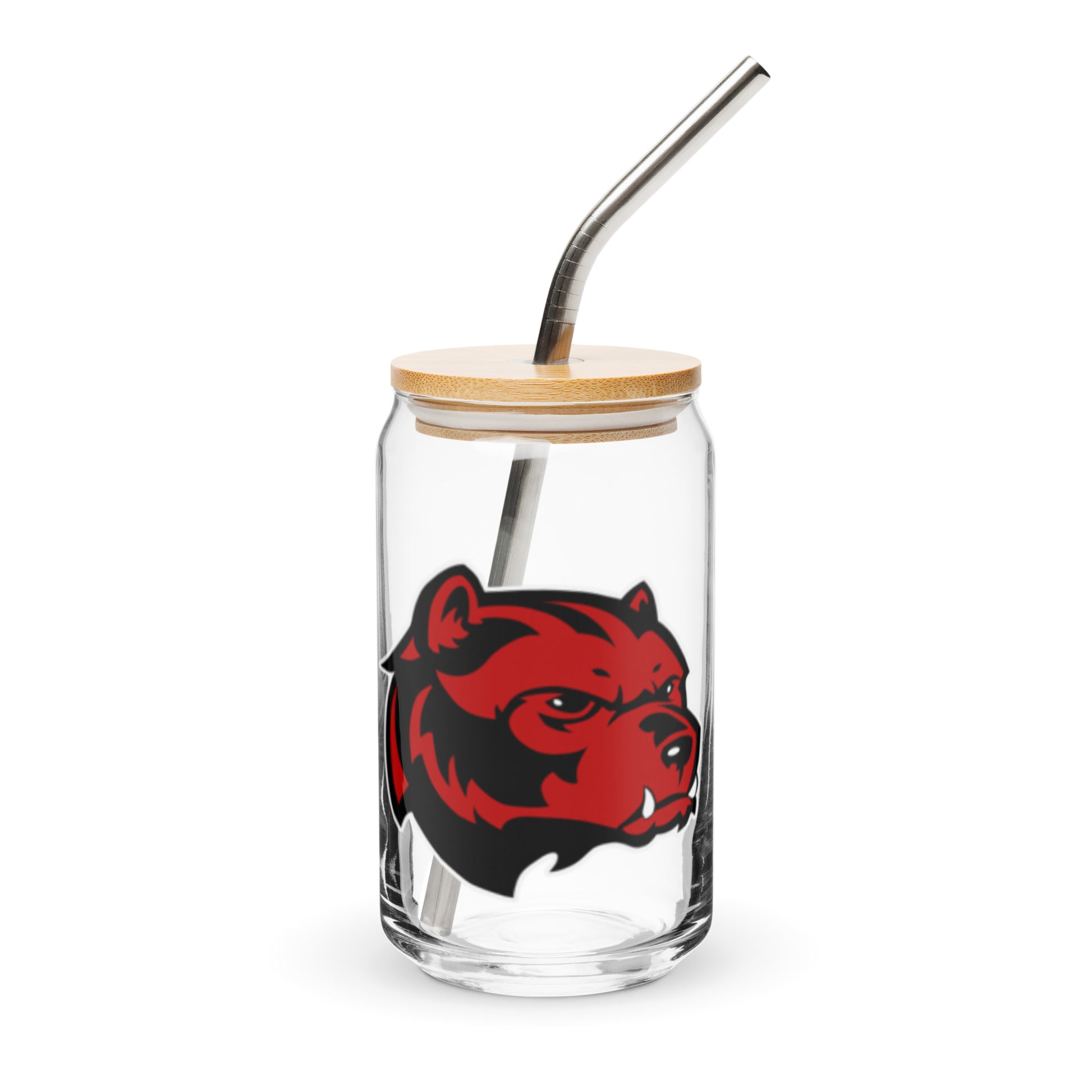 JRA Can-shaped glass with bear design, bamboo lid, and straw for drinks like sodas and cocktails.