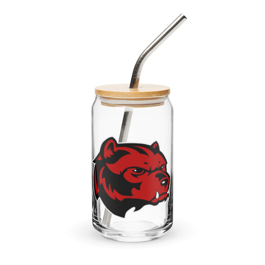 JRA Can-shaped glass with bear design, bamboo lid, and straw for drinks like sodas and cocktails.