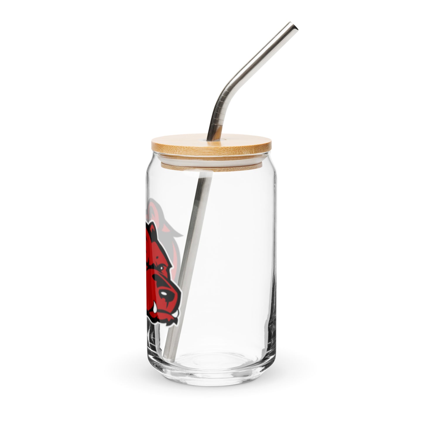 JRA can-shaped glass with bamboo lid and metal straw featuring a red hog design for drinks.