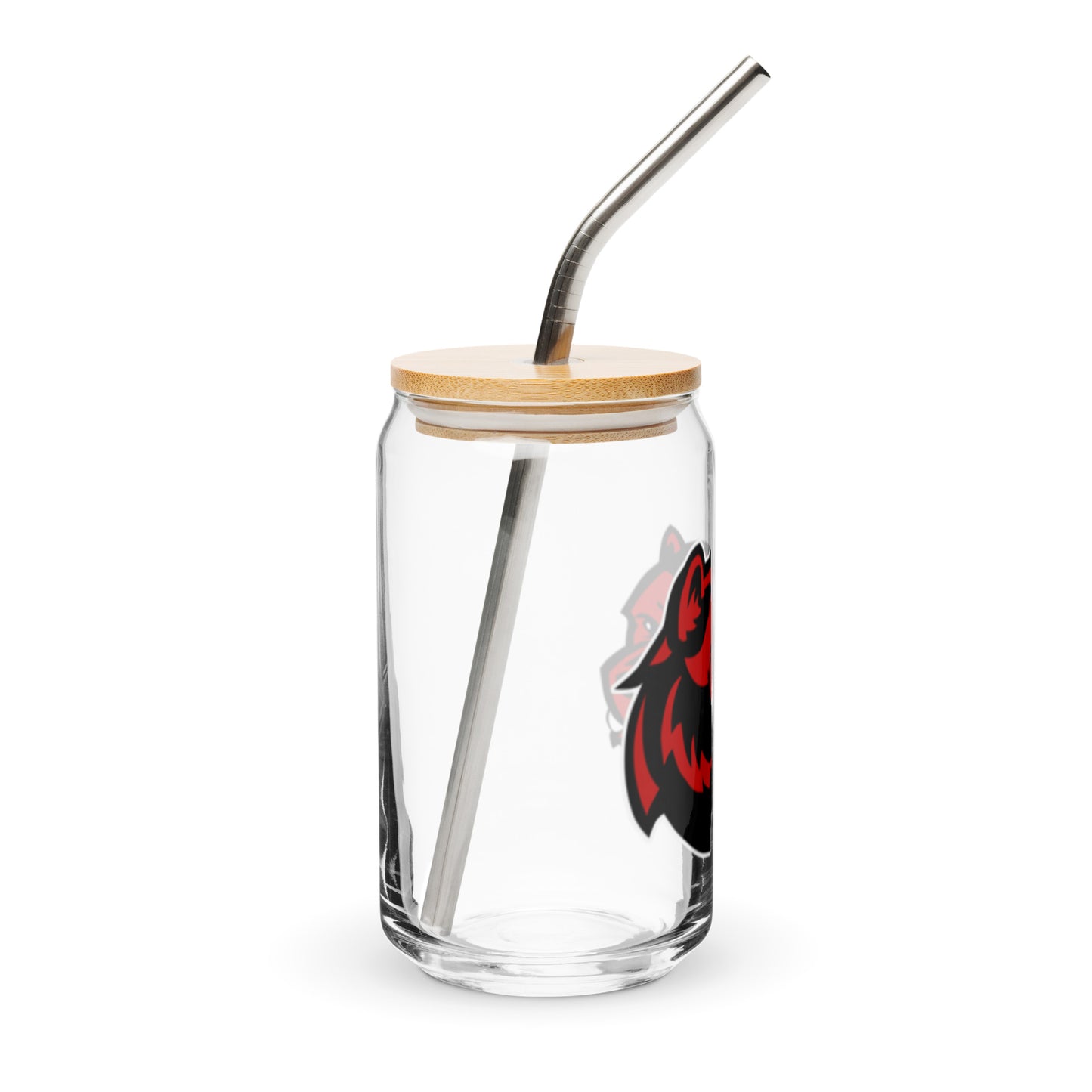 JRA can-shaped glass with a bamboo lid and metal straw featuring a red Wolverine design, perfect for drinks.