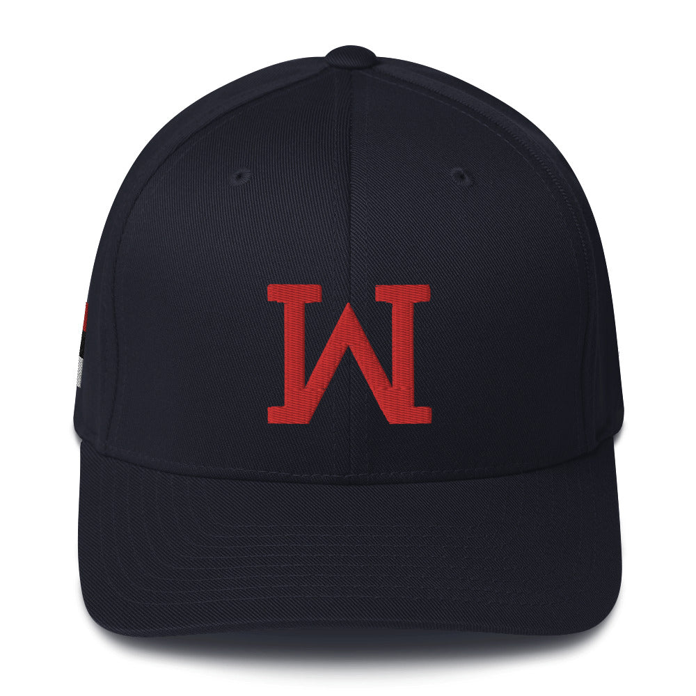JRA 'W' Structured Twill Cap in navy with red logo, featuring elastic stretch band and curved visor.