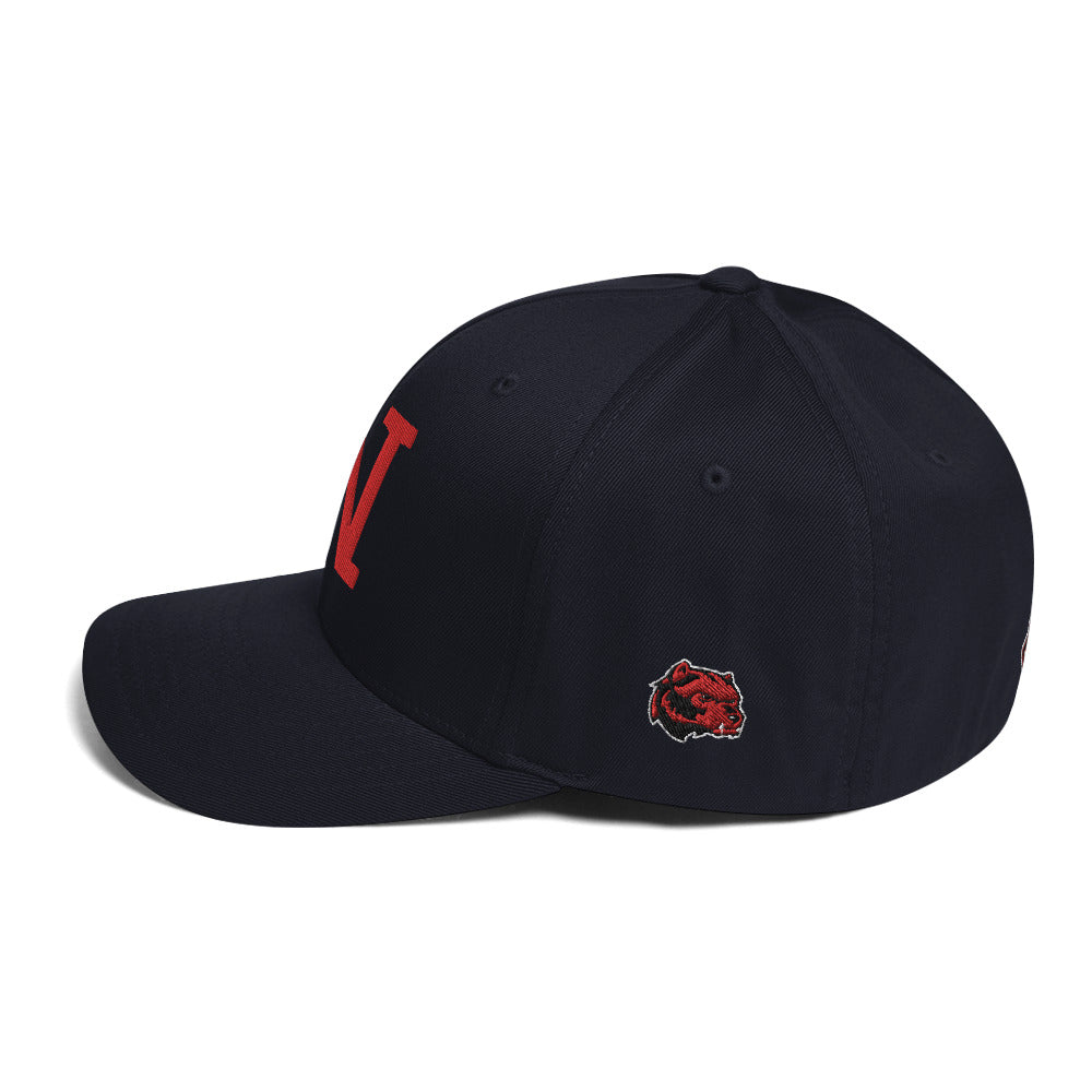 JRA 'W' structured twill cap in navy with red lettering and Wolverines logo on the side.