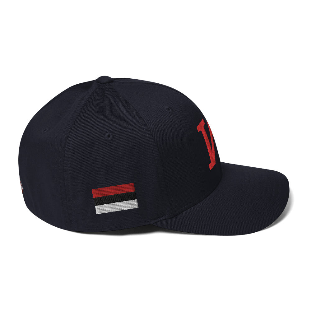 JRA 'W' structured twill cap in navy with red logo and stripe details, featuring a curved visor and stretch band.