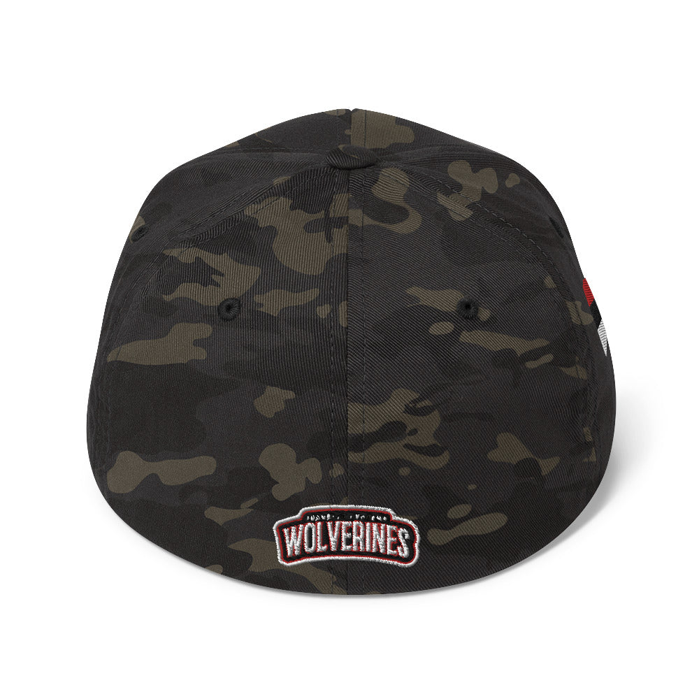 Back view of JRA 'W' Structured Twill Cap in camouflage with embroidered Wolverines logo.