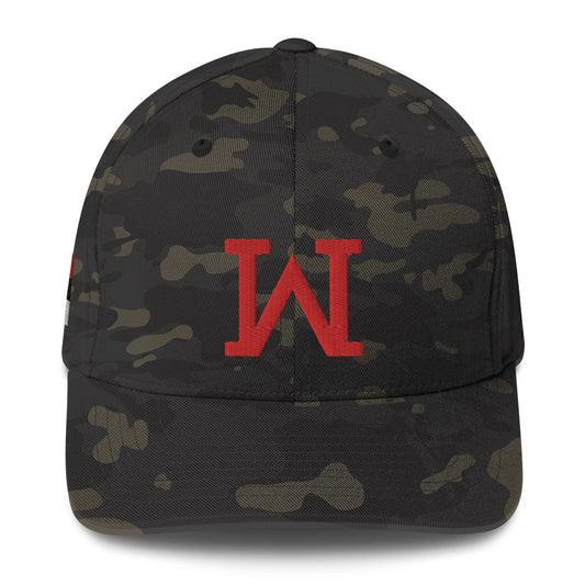 JRA structured twill cap in black camouflage with red 'W' emblem, featuring a curved visor and elastic stretch band.