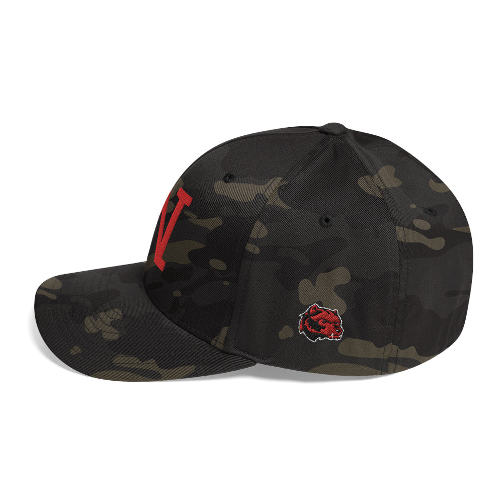 JRA 'W' Structured Twill Cap in camo with red logo, elastic stretch band for comfort and athletic fit.