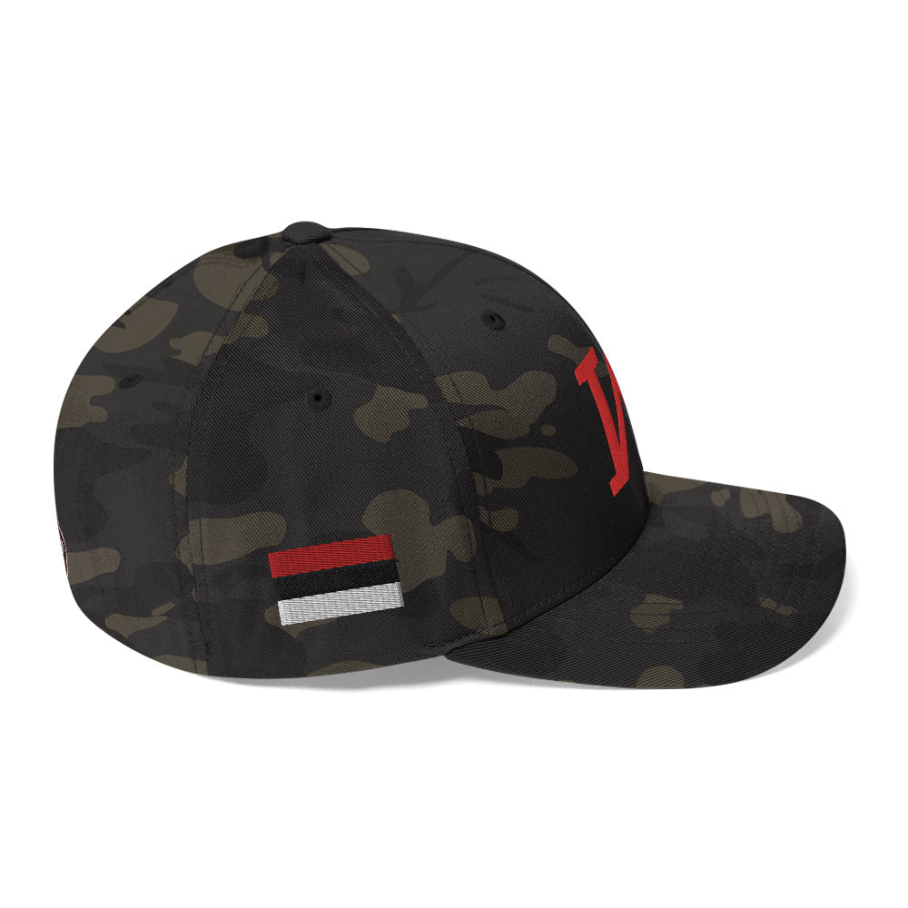 JRA 'W' Structured Twill Cap in camouflage with elastic stretch band and embroidered logo.