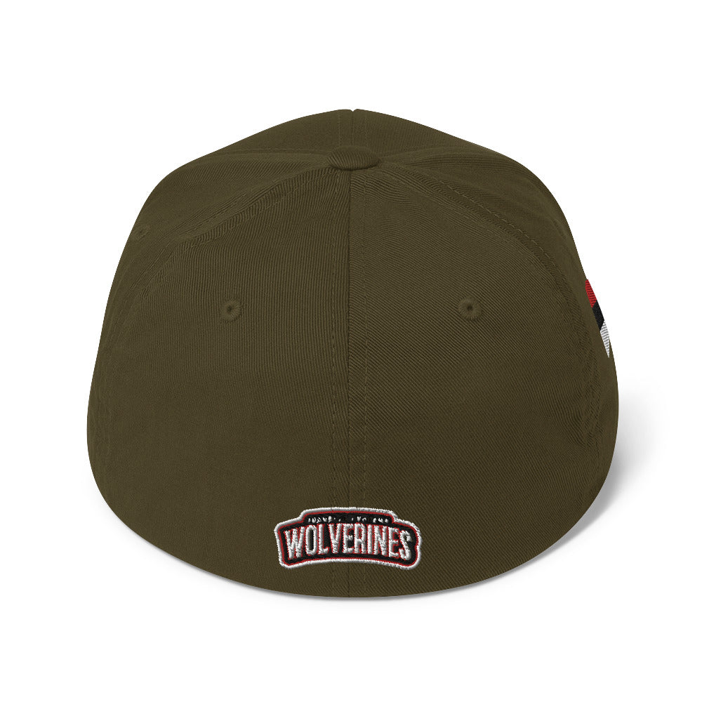 Back view of JRA 'W' Structured Twill Cap with embroidered Wolverines logo in an olive green color.