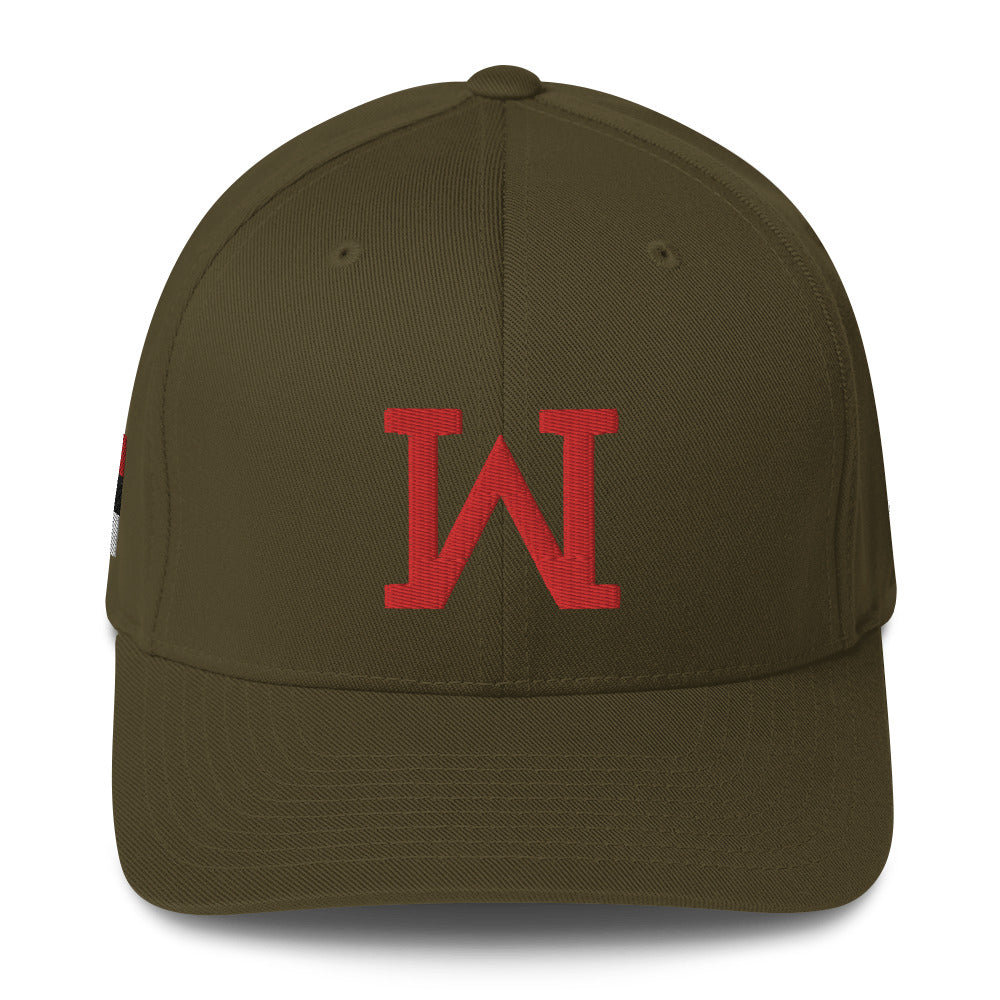 JRA 'W' Structured Twill Cap in olive with red 'W' emblem, featuring a curved visor and stretch band for comfort.