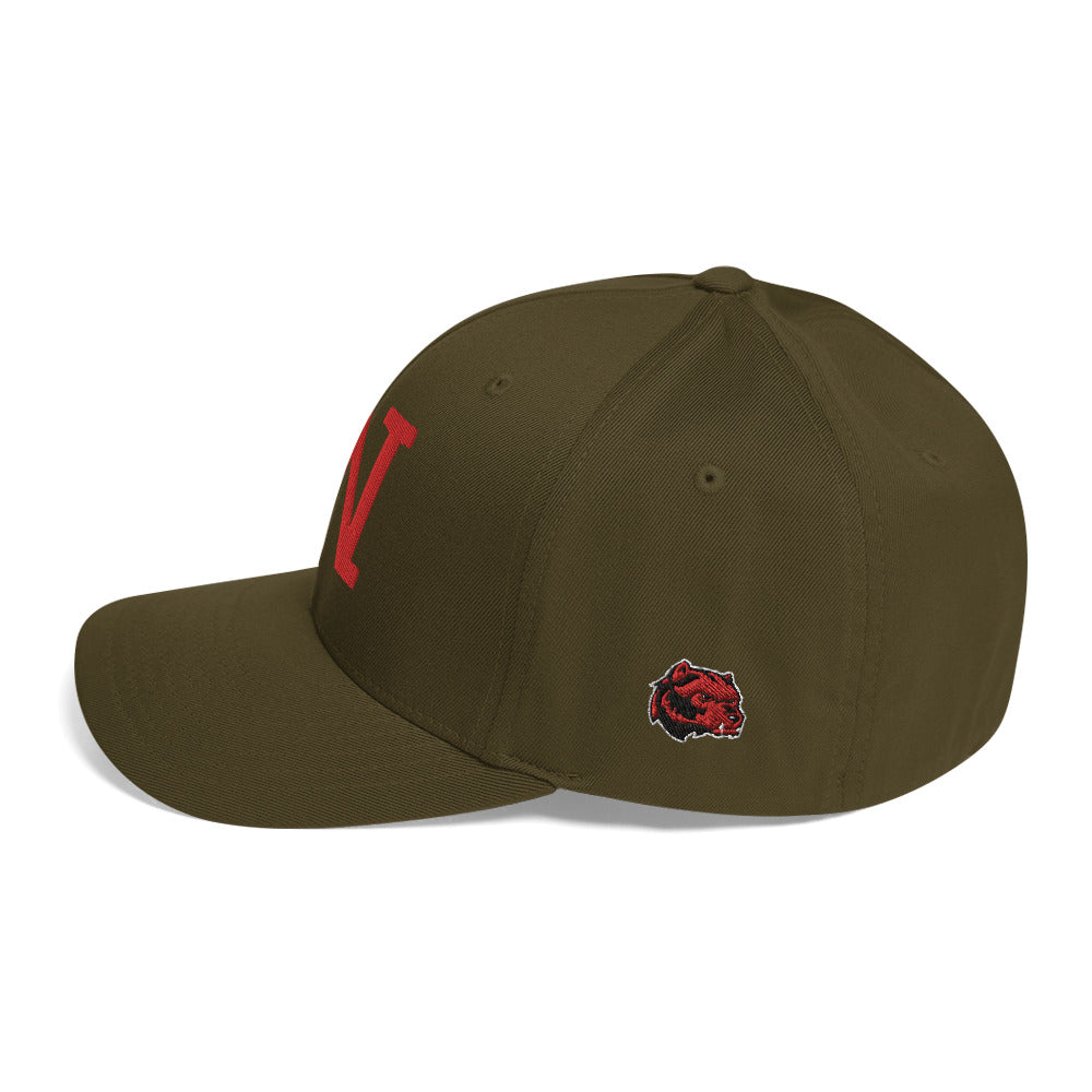 JRA 'W' Structured Twill Cap in olive green with red lettering and embroidered bear logo.