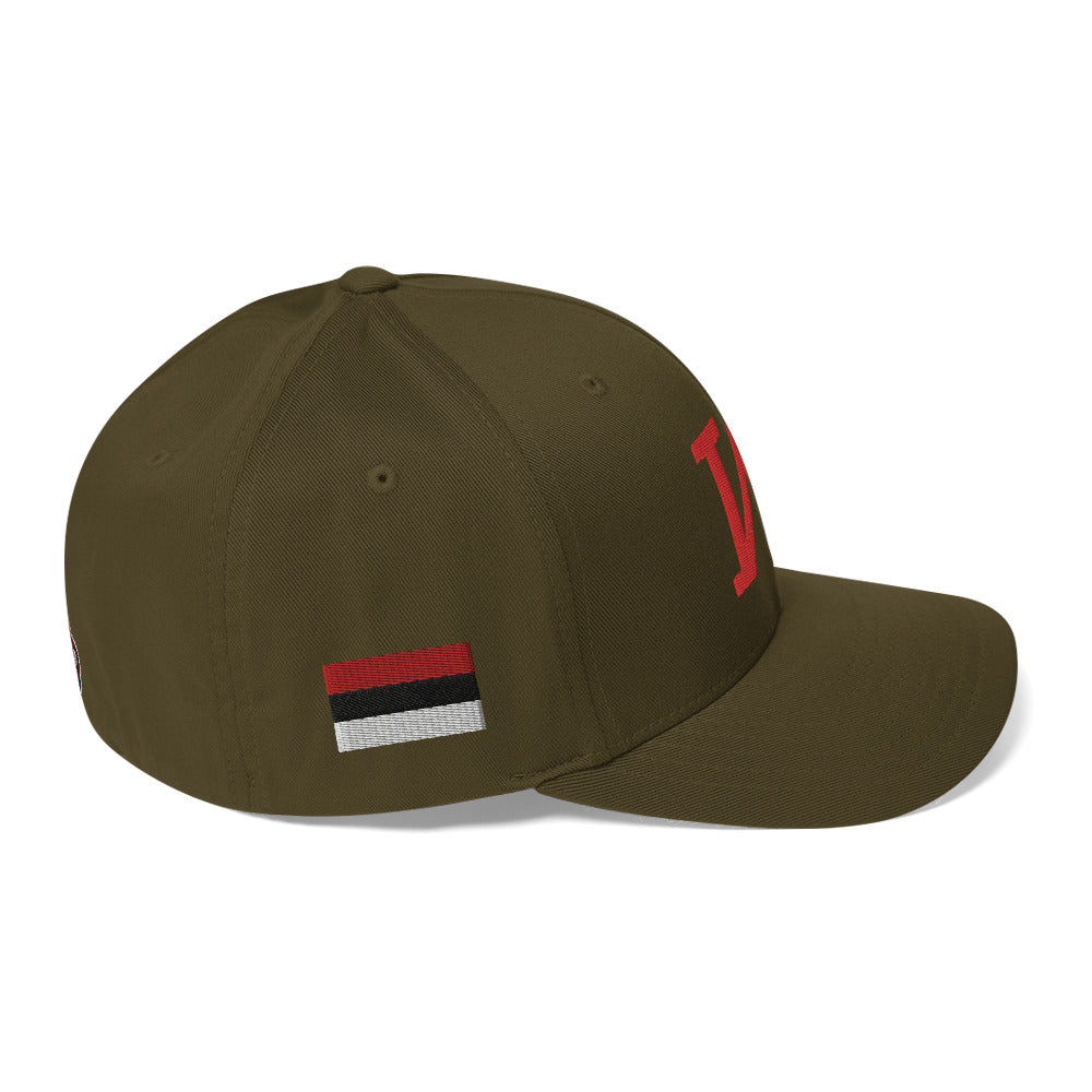 JRA 'W' Structured Twill Cap in olive green with embroidered logo, side view showcasing athletic design.