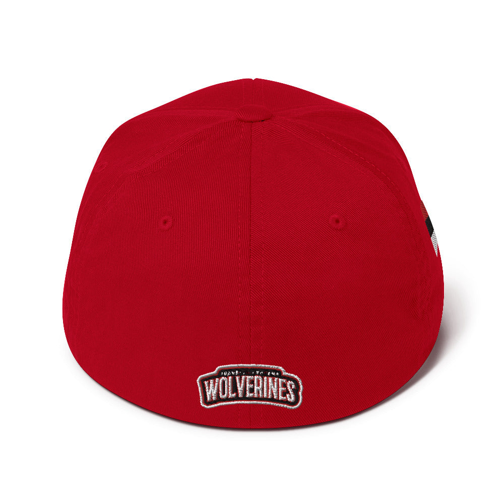 Back view of JRA 'W' Structured Twill Cap in red with embroidered 'Wolverines' logo.
