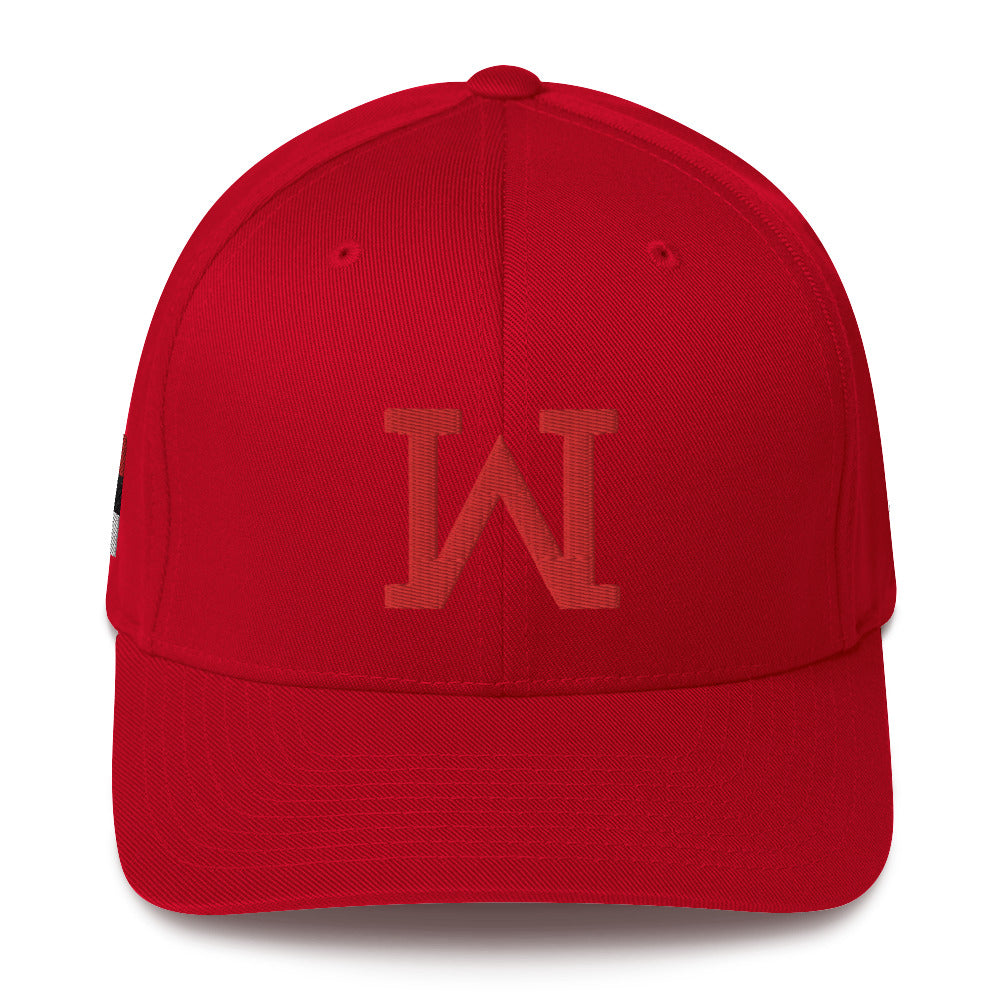 Red structured twill cap with 'W' logo, designed by Juan Rico Academy Wolverines, comfortable elastic stretch band.