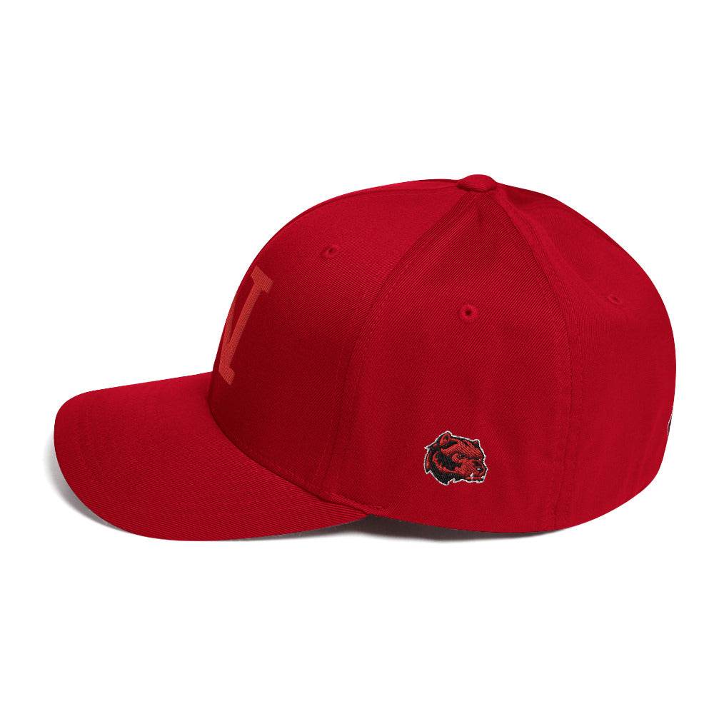 JRA 'W' Structured Twill Cap in red with embroidered logo, curved visor, and stretch band for comfort.