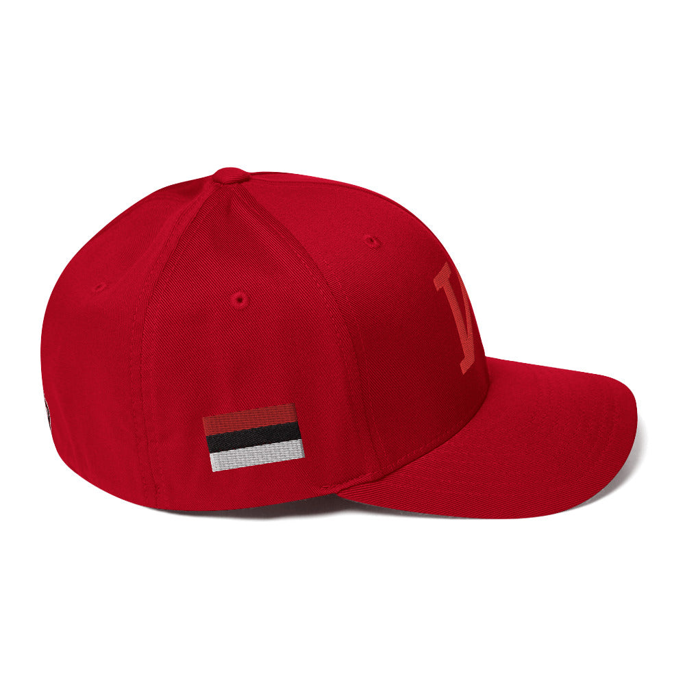 Red JRA 'W' Structured Twill Cap featuring a curved visor and stretch band, ideal for athletic wear.