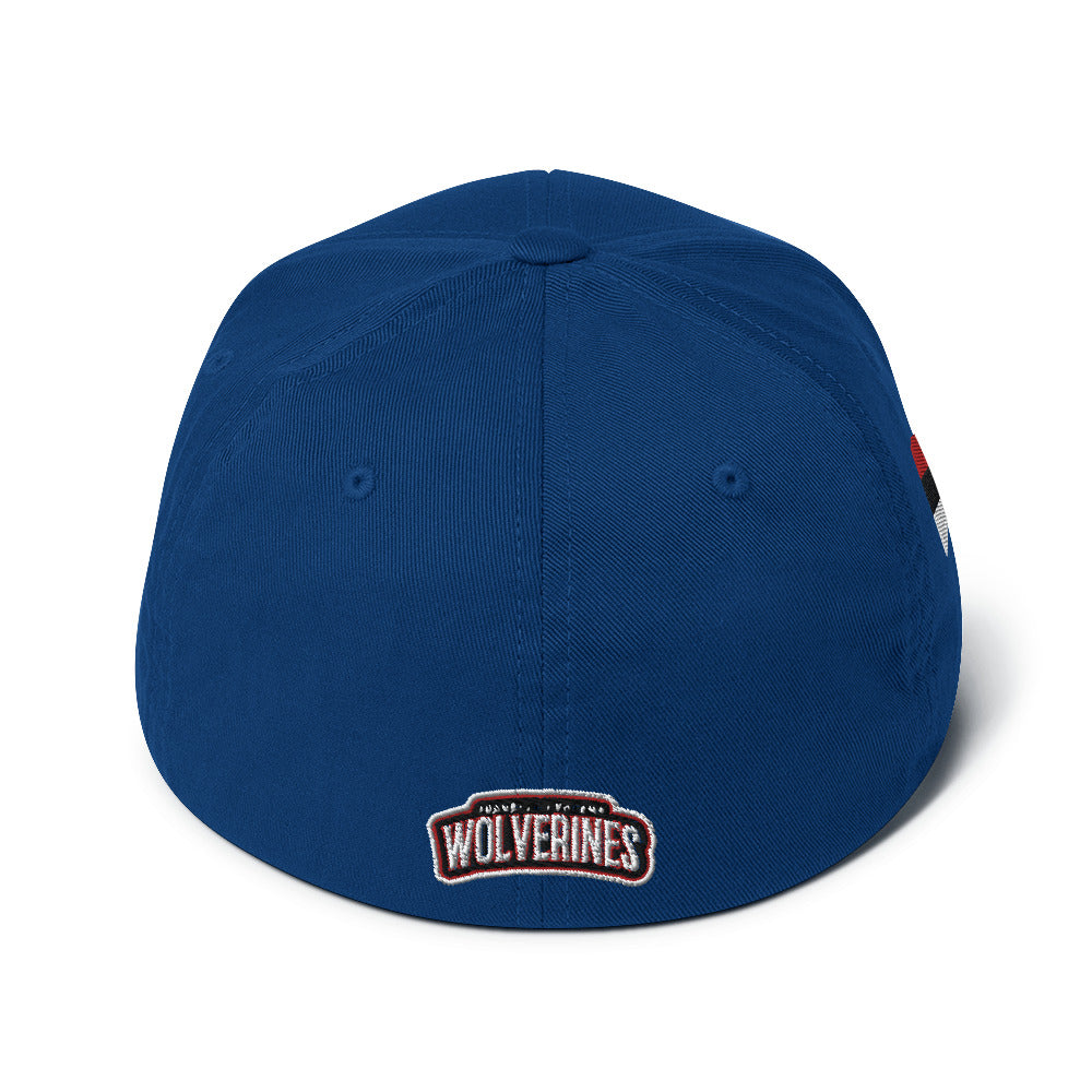 Back view of JRA "W" Structured Twill Cap in blue, featuring embroidered Wolverines logo.