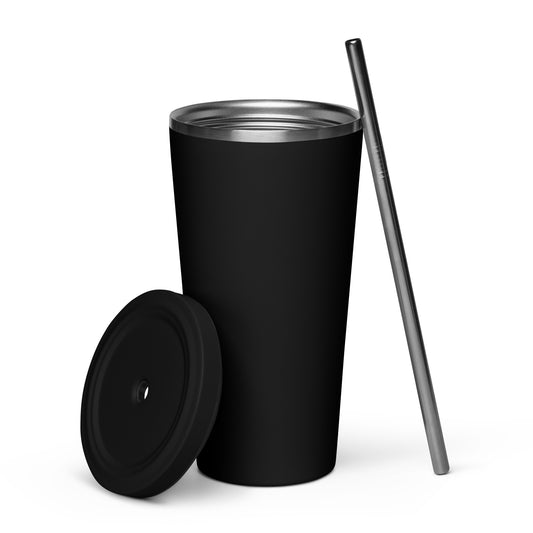 JRA insulated black tumbler with straw and lid, perfect for stylish hydration on the go.