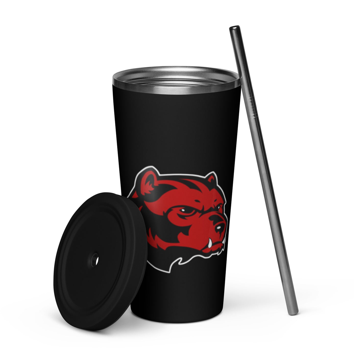 JRA insulated tumbler with straw, featuring black design and Wolverine logo, perfect for stylish drinkware.