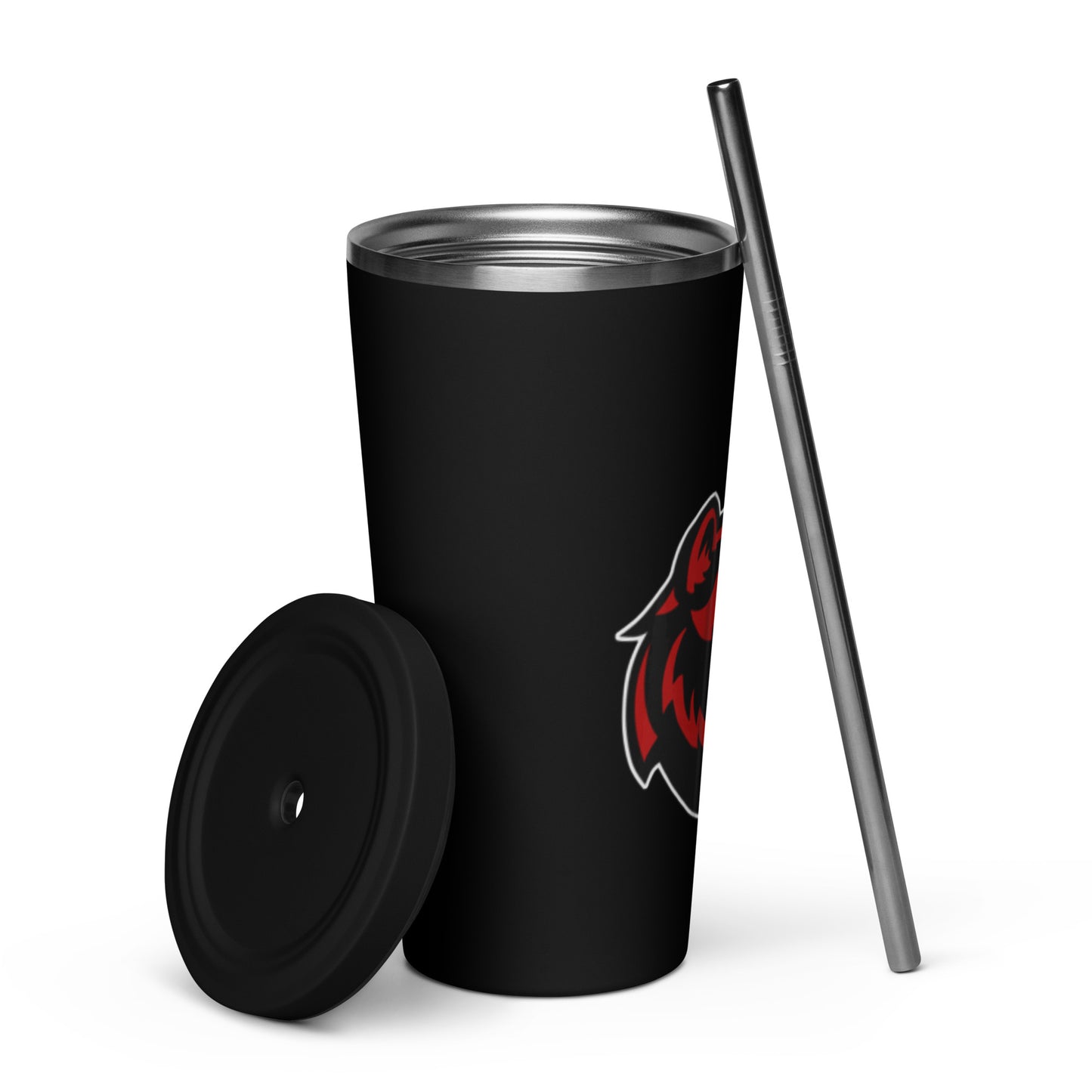 JRA insulated tumbler with straw, black design featuring Juan Rico Academy Wolverine logo, 20 oz capacity.