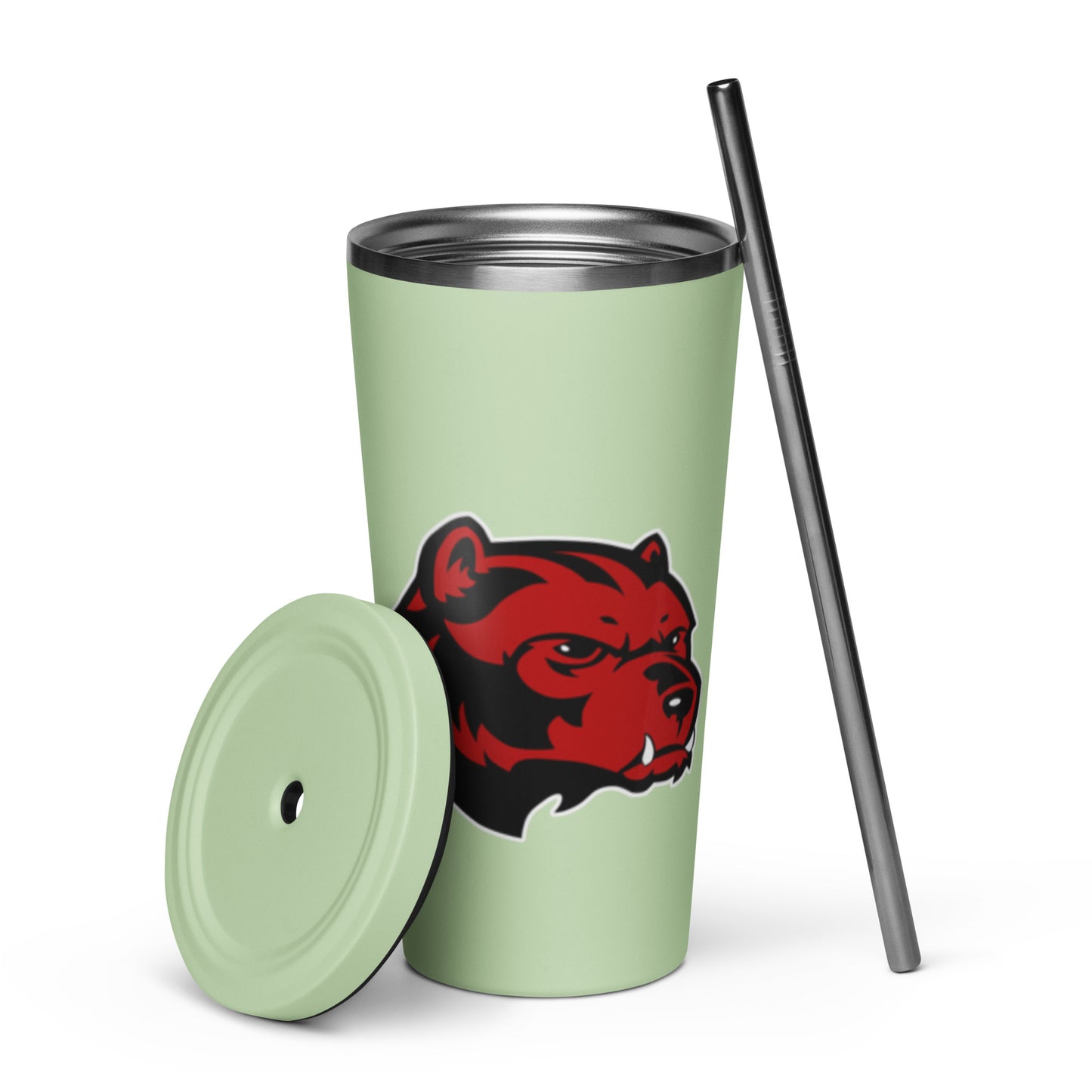 JRA insulated tumbler with straw, green design featuring Wolverine logo, stylish drinkware for everyday use.
