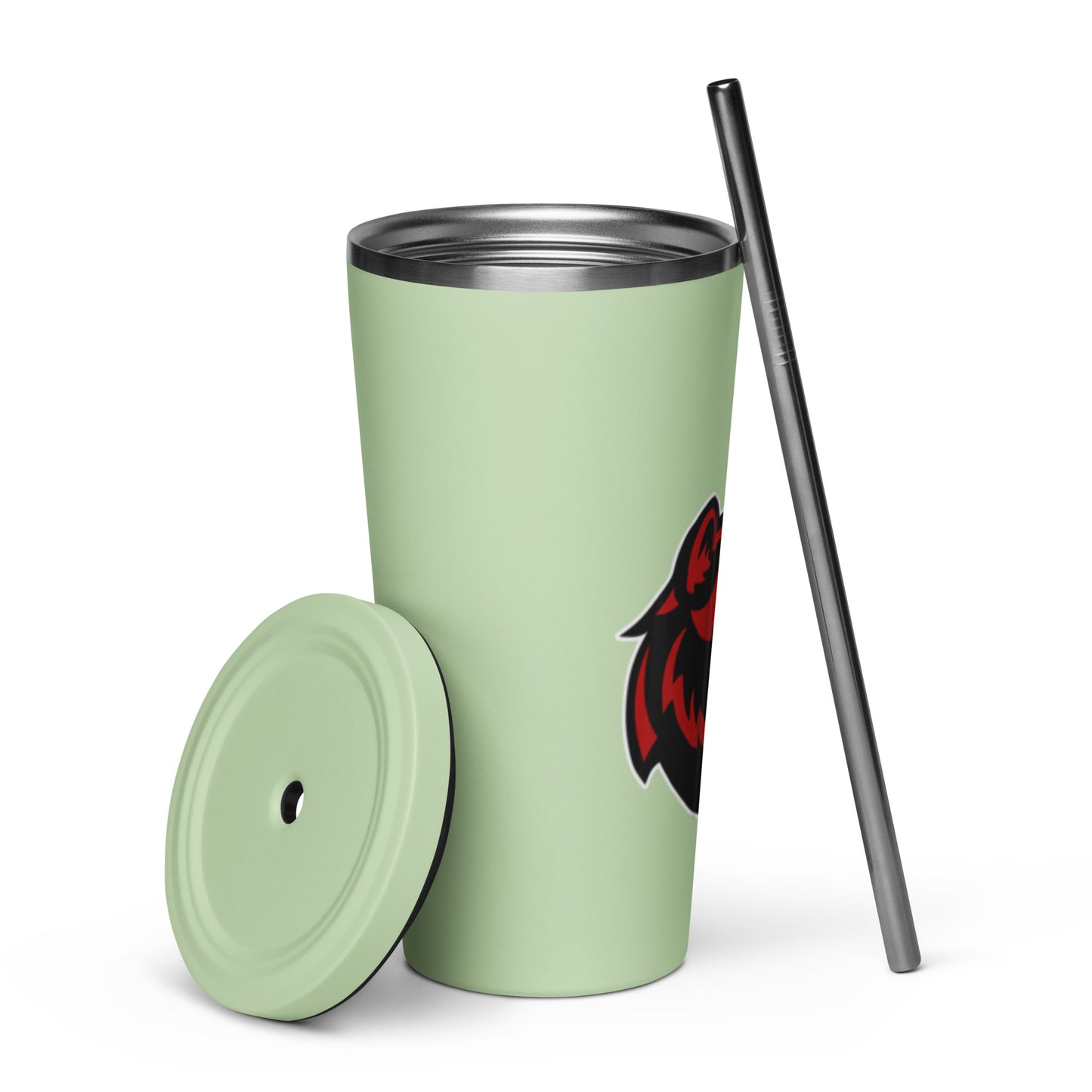 JRA insulated tumbler with lid and straw in light green featuring Wolverine logo, 20 oz capacity.