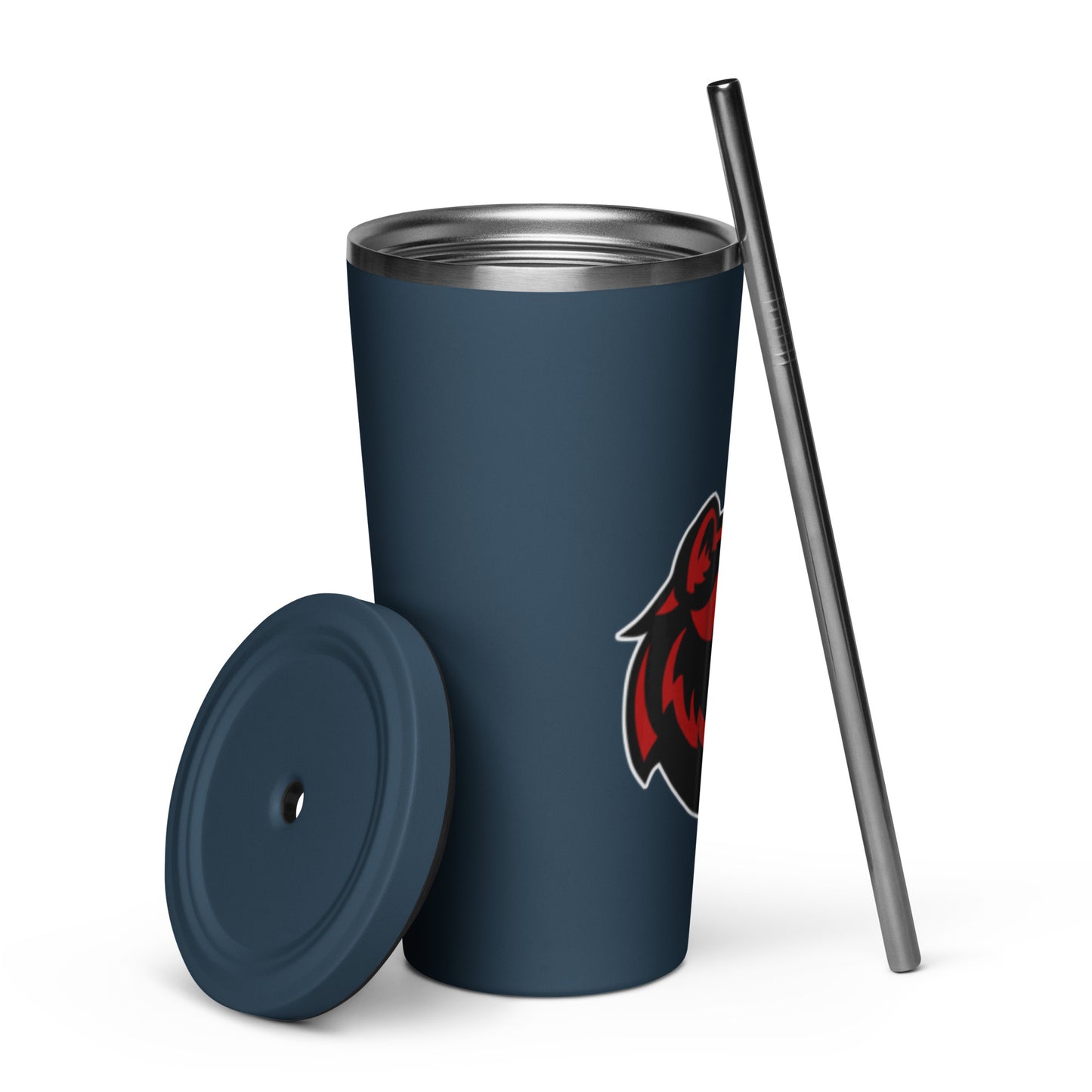 JRA insulated tumbler with straw and lid in navy, featuring Juan Rico Academy Wolverine logo for stylish drinkware.