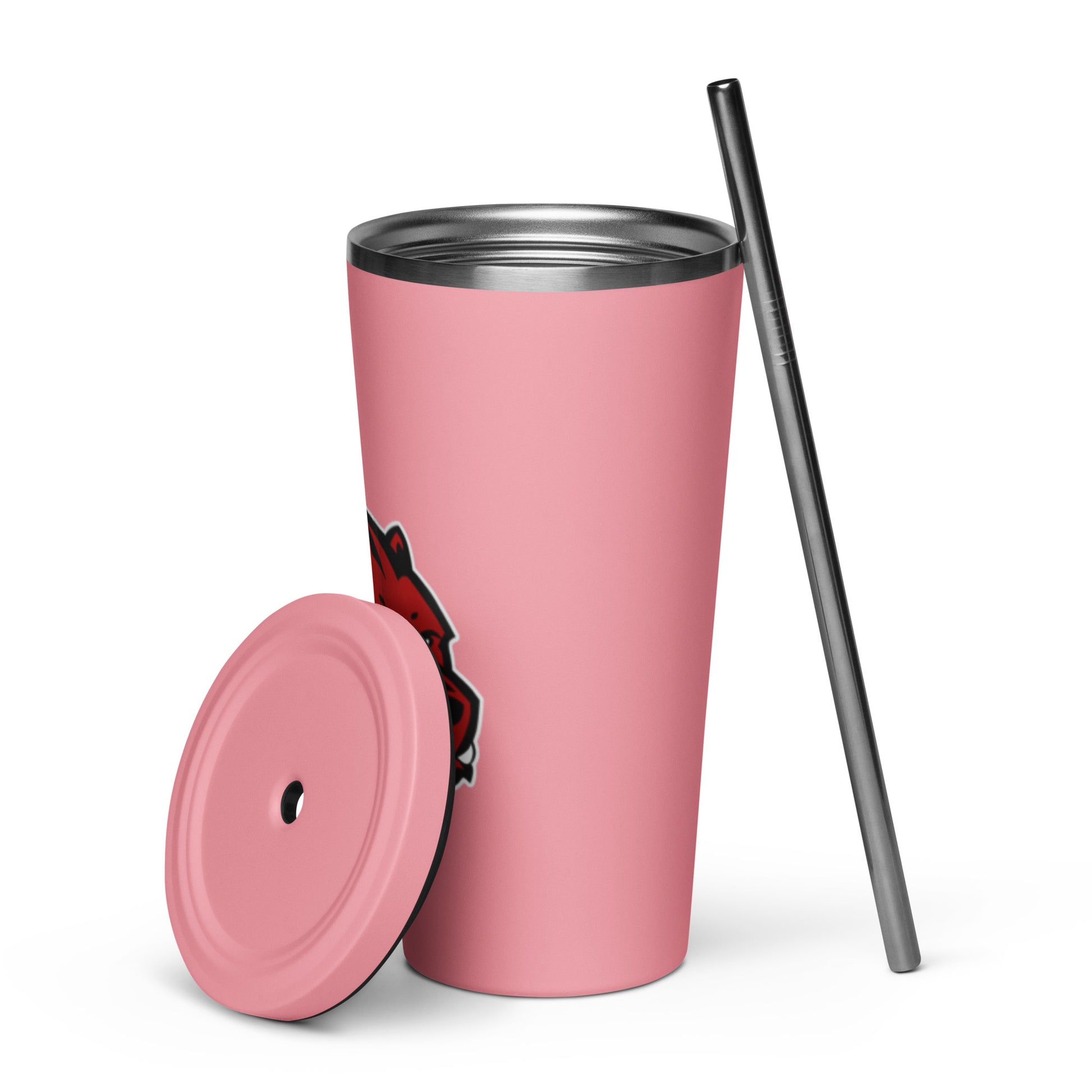 Pink insulated tumbler with lid and straw featuring Juan Rico Academy Wolverine logo.