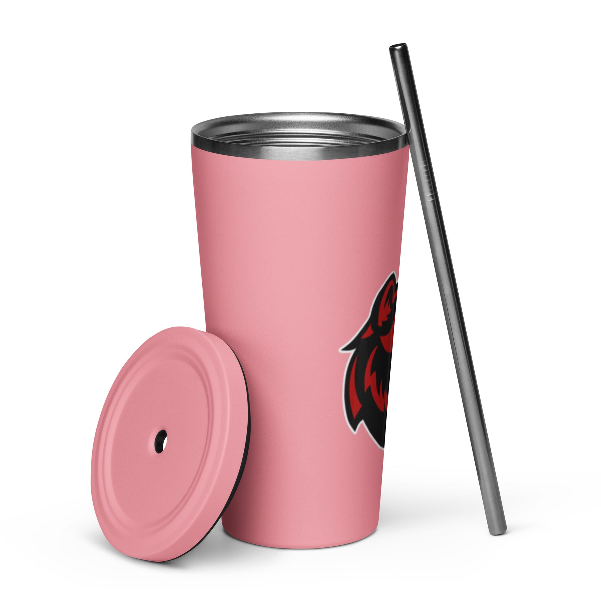JRA insulated tumbler with pink design, stainless steel, includes straw and lid, perfect for stylish hydration.
