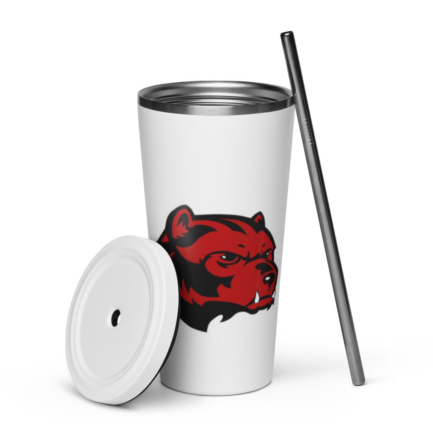 JRA insulated tumbler with straw, featuring Wolverine logo, perfect for stylish sipping with 20 oz capacity.