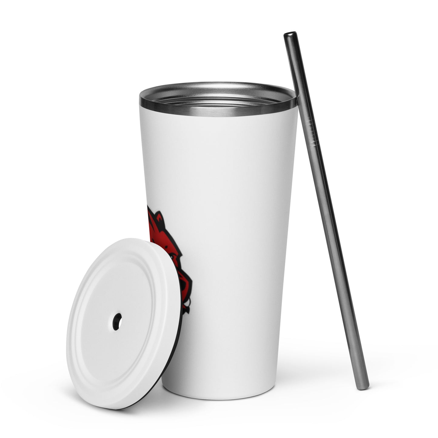 JRA insulated tumbler with a straw and lid, featuring a stylish Wolverine design, 20 oz stainless steel drinkware.