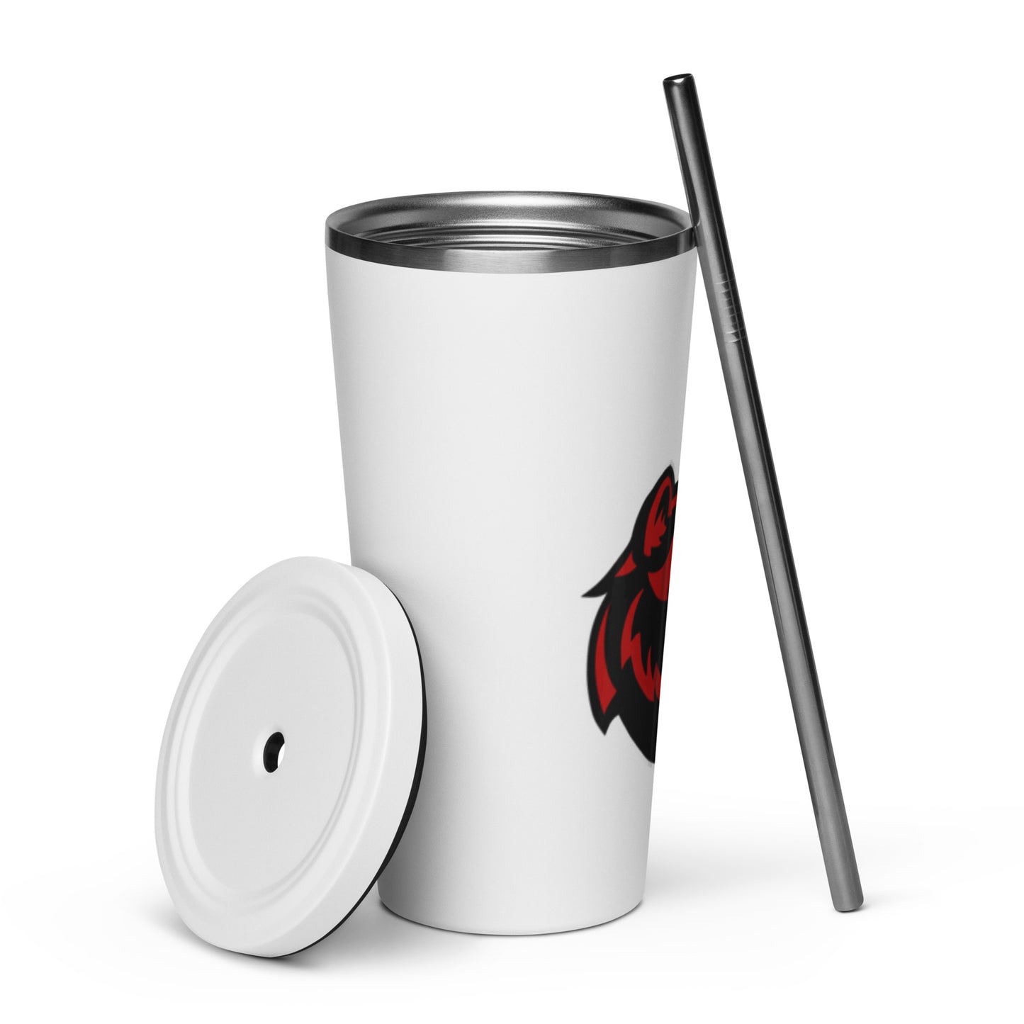White insulated tumbler with lid and straw featuring Juan Rico Academy Wolverine logo.