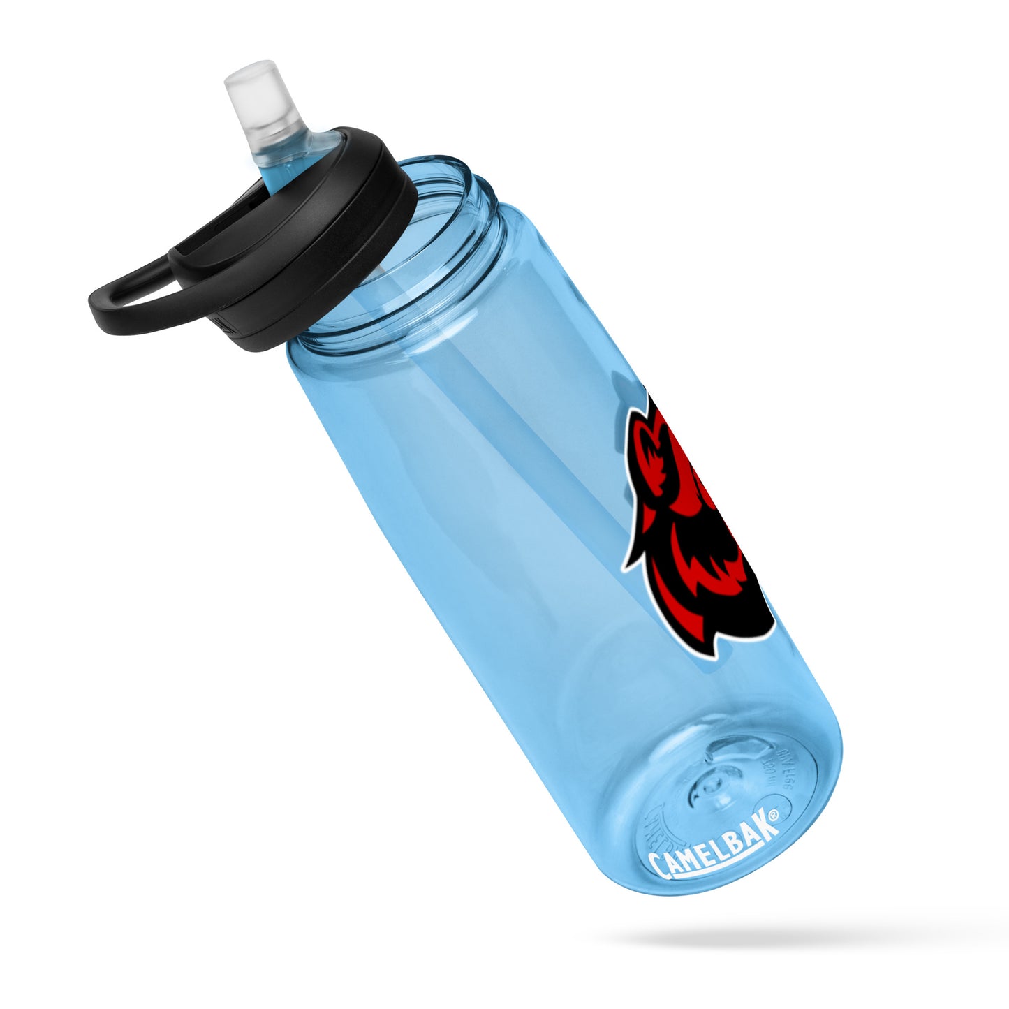 Blue CamelBak sports water bottle with black lid and red logo, designed for personalized hydration.