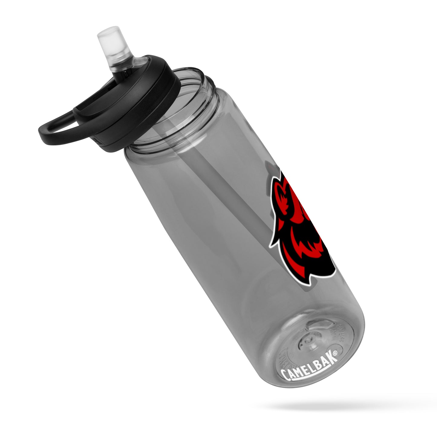 25 oz CamelBak sports water bottle with spill-proof lid, made from recycled plastic, featuring a vibrant red logo.