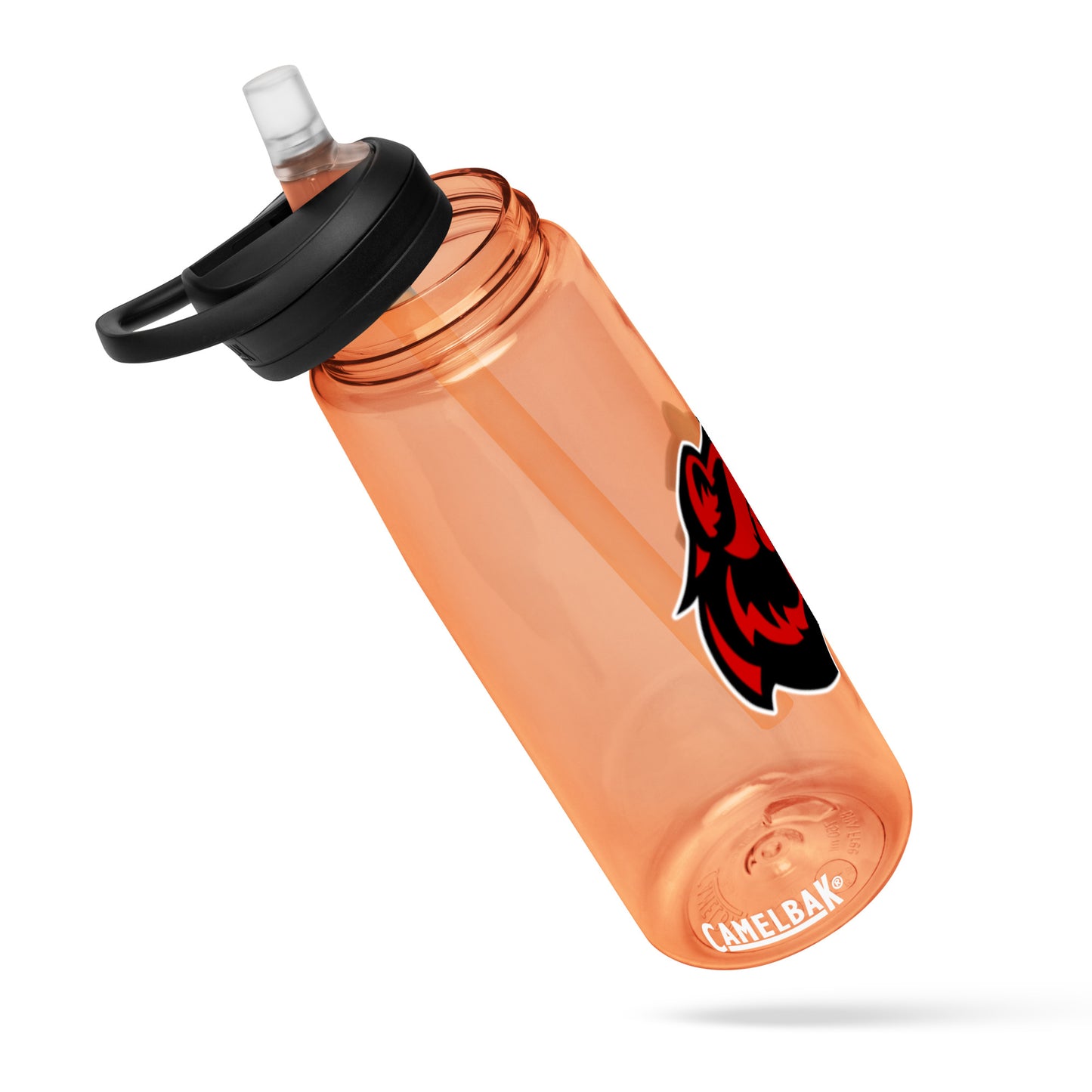 CamelBak sports water bottle in orange with spill-proof lid and vibrant logo design, perfect for hydration on the go.