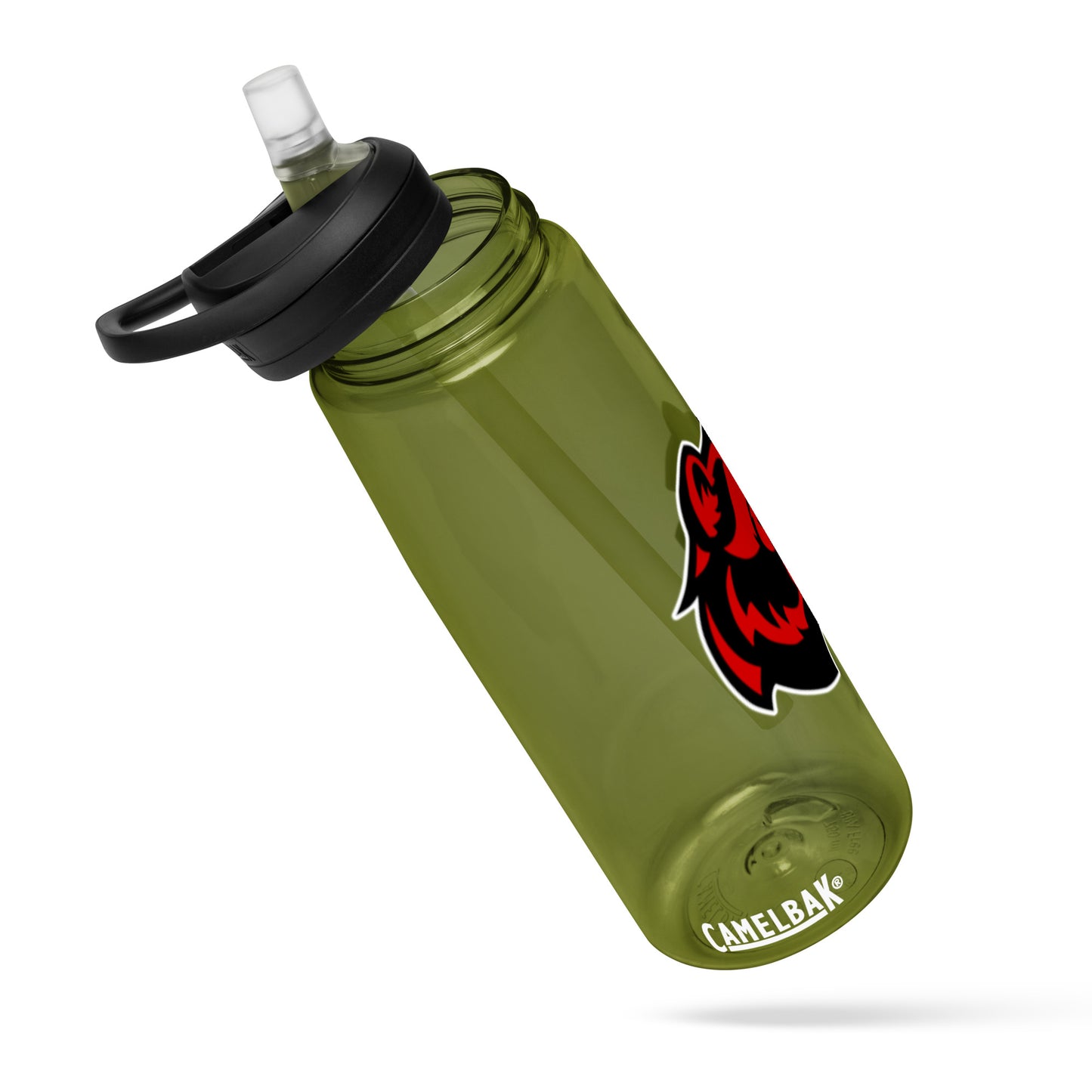 Personalized CamelBak water bottle with spill-proof lid, 25 oz capacity, made from recycled plastic.