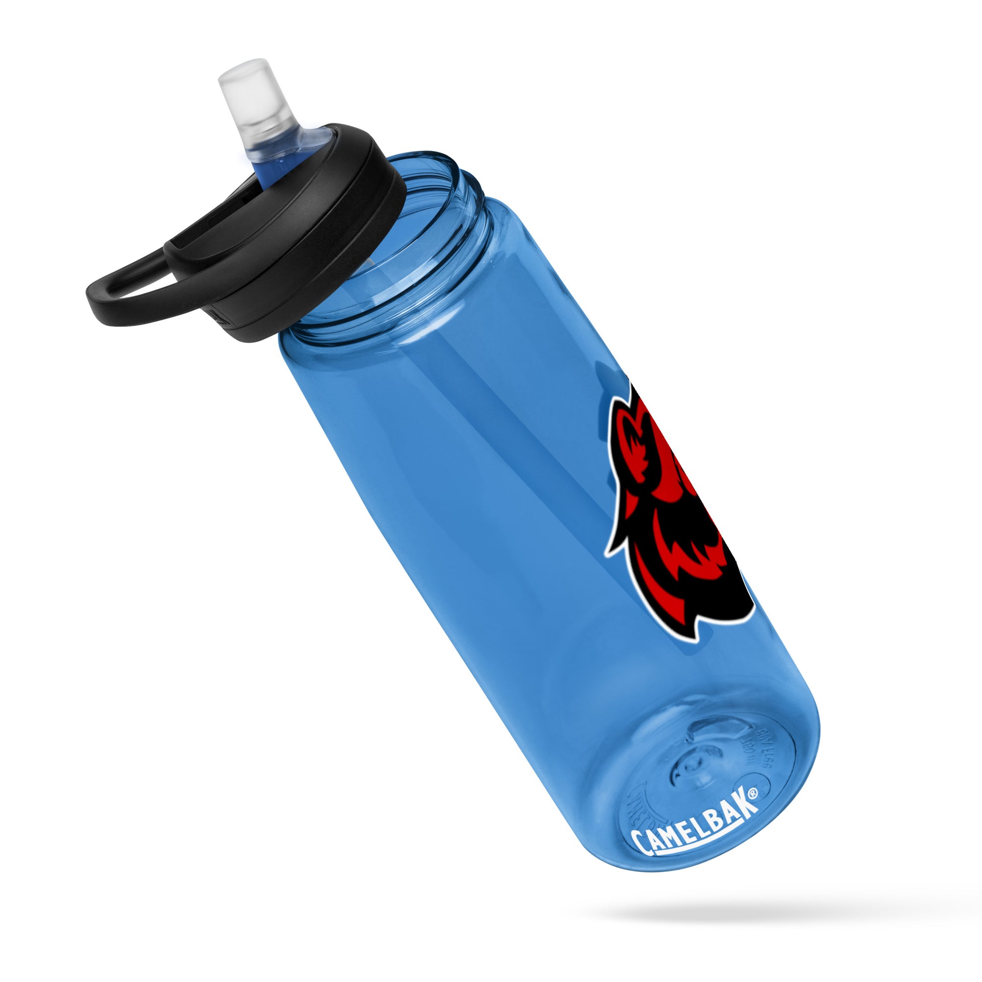 Blue sports water bottle with a black spill-proof lid and logo, made from durable and recycled materials.